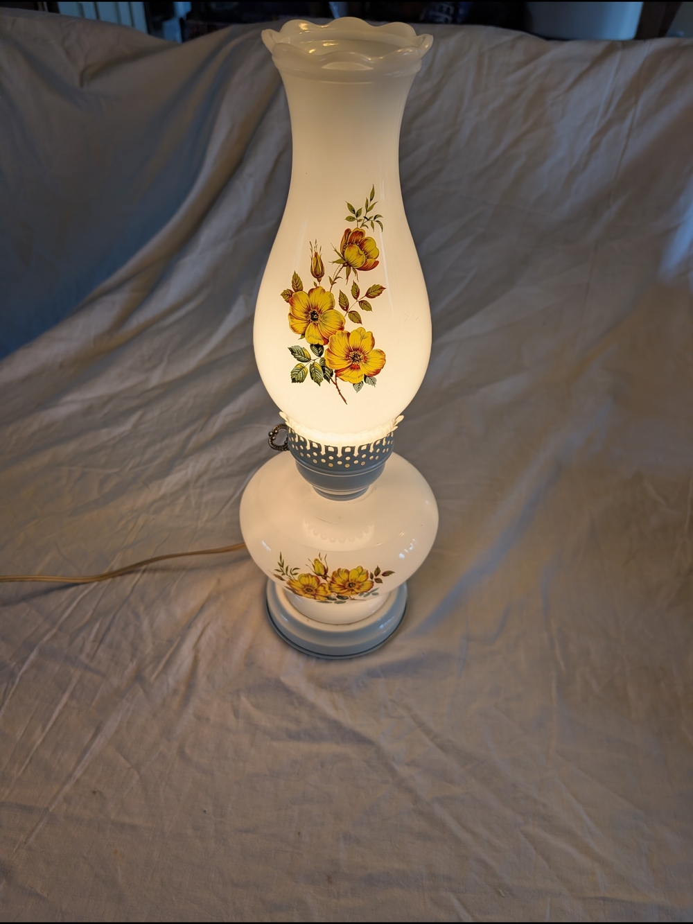 2/120$ Vintage White Glass Hurricane Lamp with Yellow Floral Motif